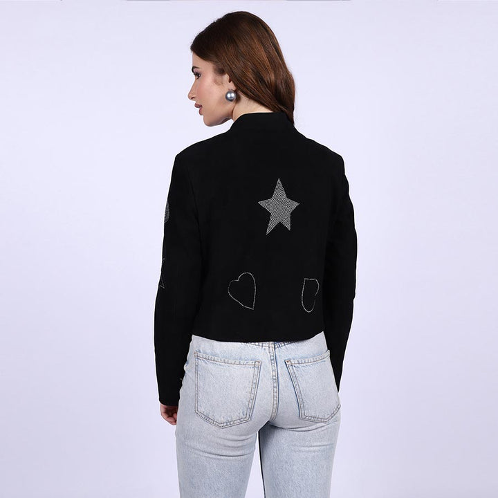 Saint Venessa Stone Embossed Black Leather Women Biker Jackets