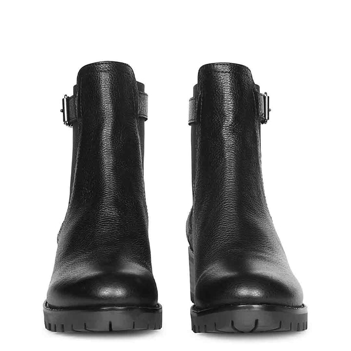 Saint Nalani Buckle Decor Black Leather Ankle Boots