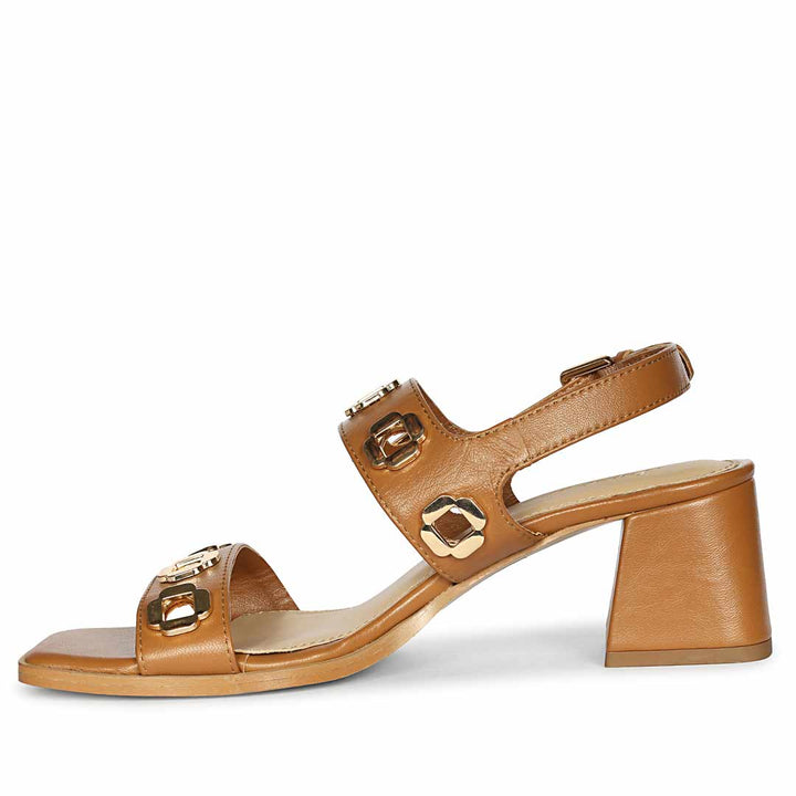 Saint Alviera Gold Flower Eyelets Tan Leather Block Heels