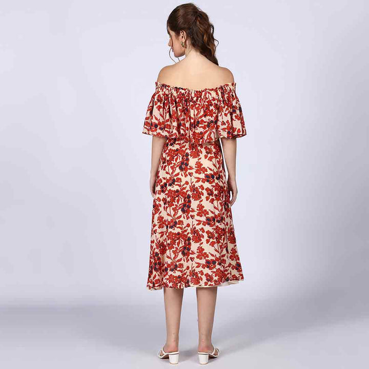 Saint Scarlett Ivory Red Off-Shoulder Midi Dress