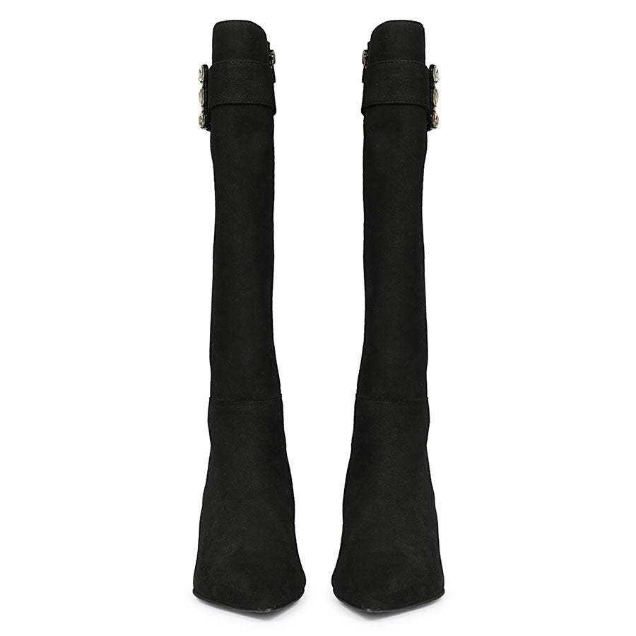 Saint Valeria Crystal Buckle Black Suede Leather Long Boots