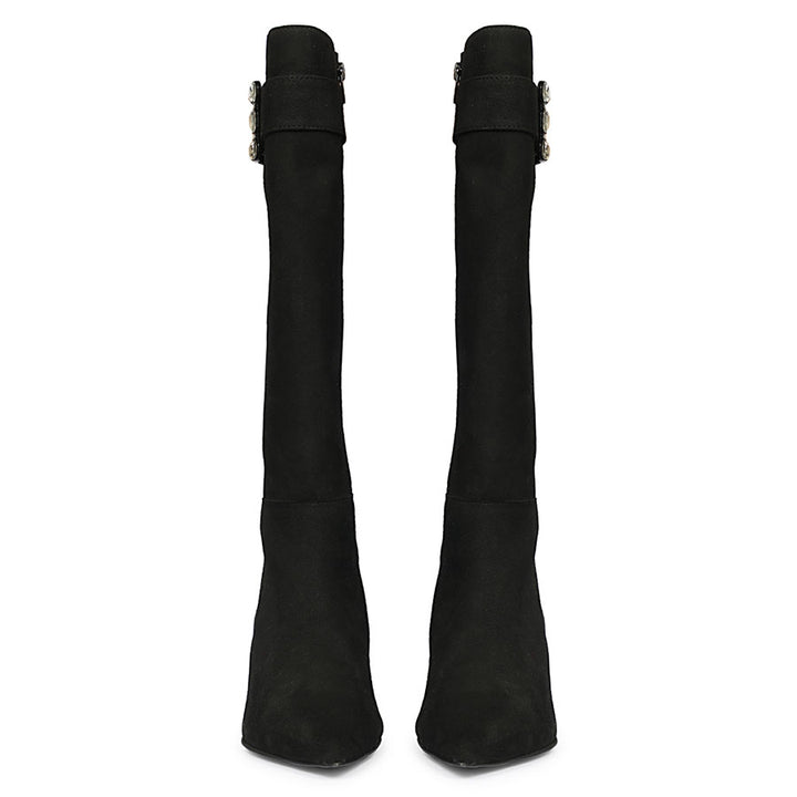Saint Valeria Crystal Buckle Black Suede Leather Long Boots