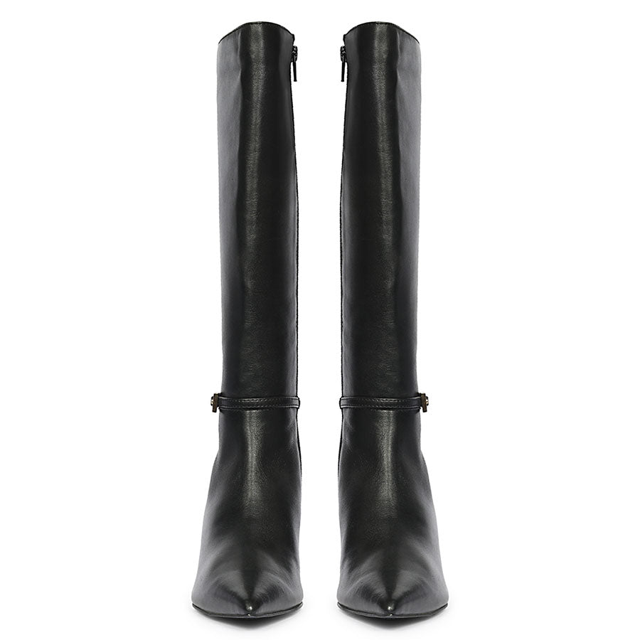 Saint Elara Buckle Embellished Black Leather Long Boots