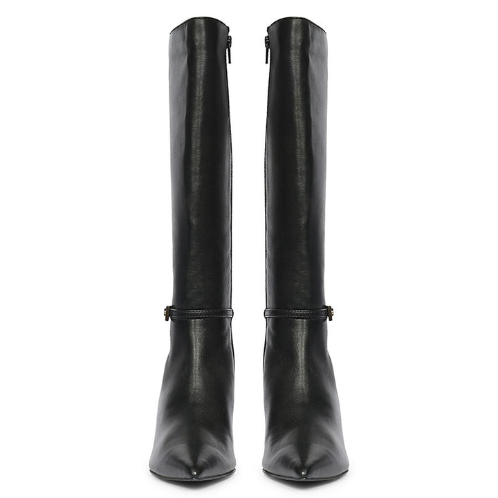 Saint Elara Buckle Embellished Black Leather Long Boots