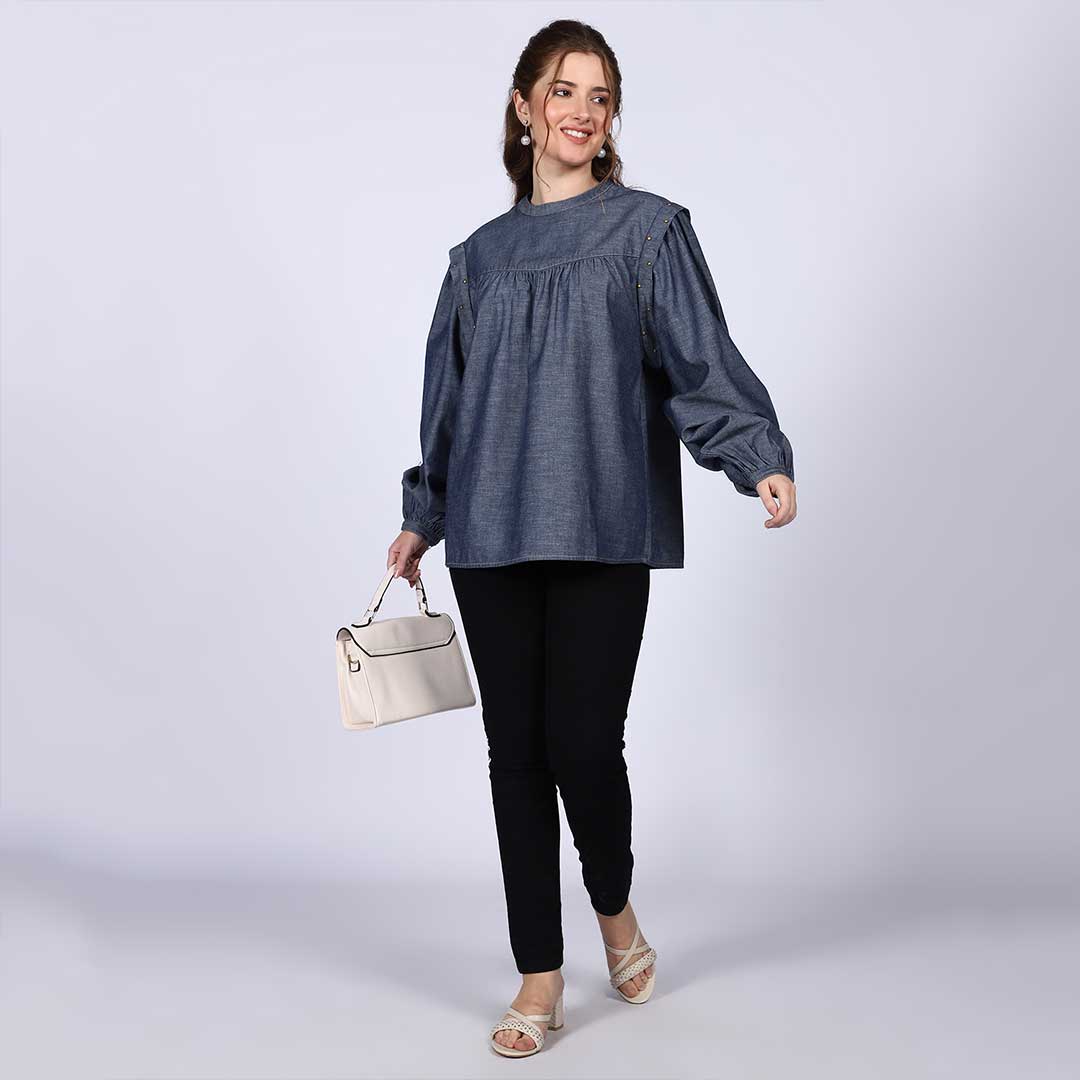 Saint Hazel Grey Cotton Chambray Top