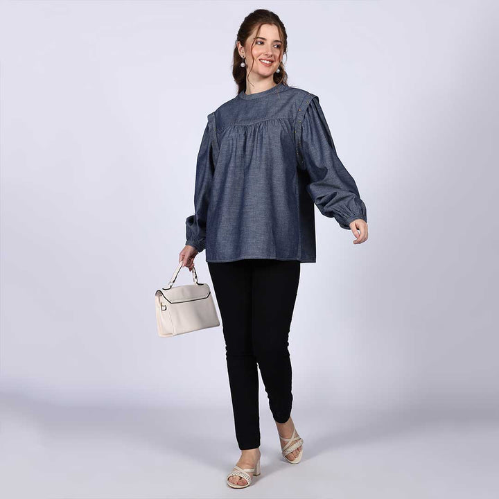 Saint Hazel Grey Cotton Chambray Top