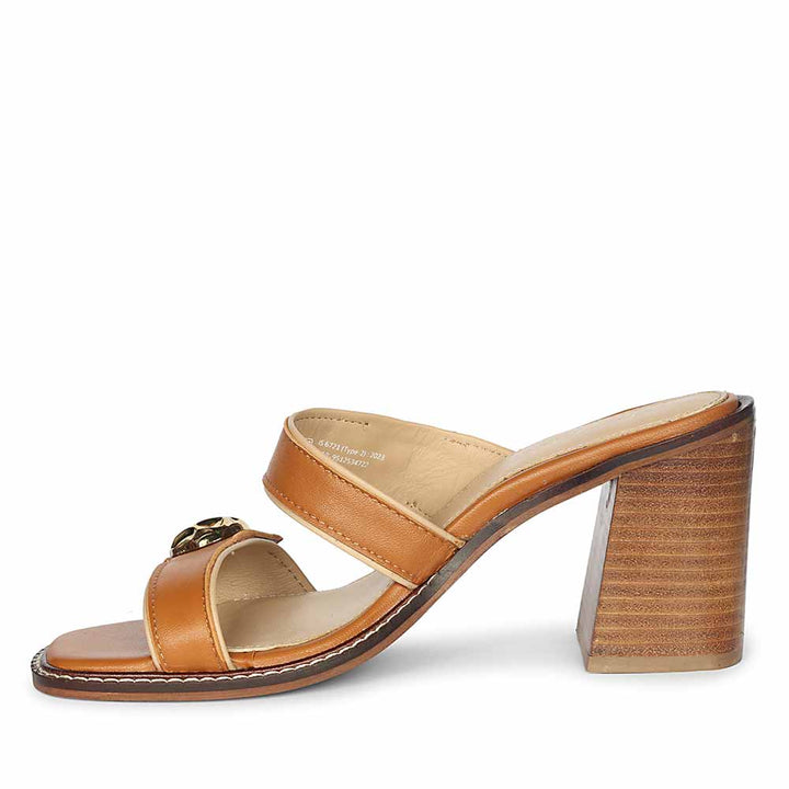 Saint Brisa Gold Emblems Tan Leather Heels