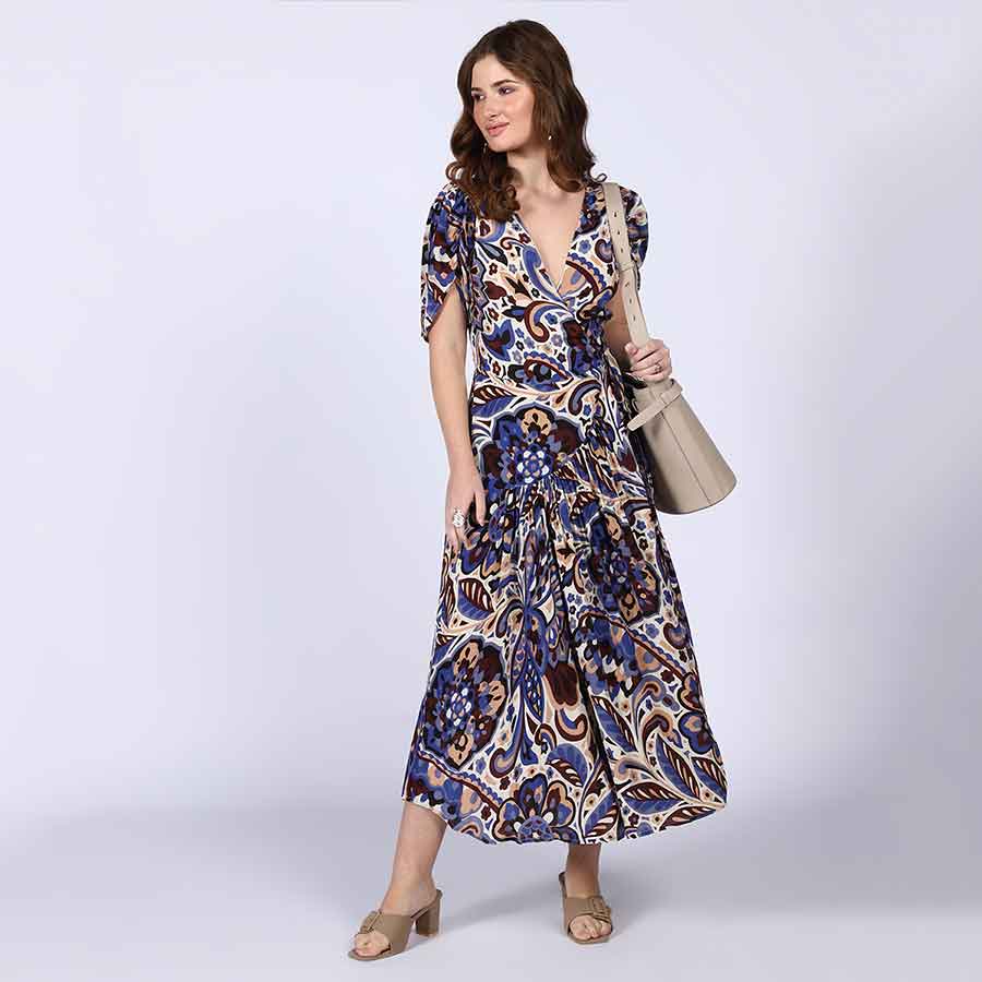 Saint Lily Blue Deep V-Neck Viscose Dress
