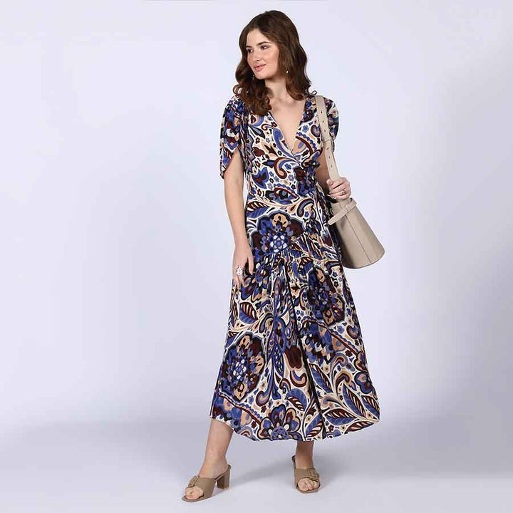 Saint Lily Blue Deep V-Neck Viscose Dress