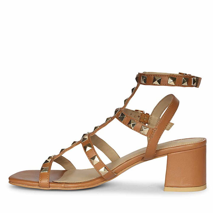 Saint Angela Gold Metal Double Buckle Tan Block Heels