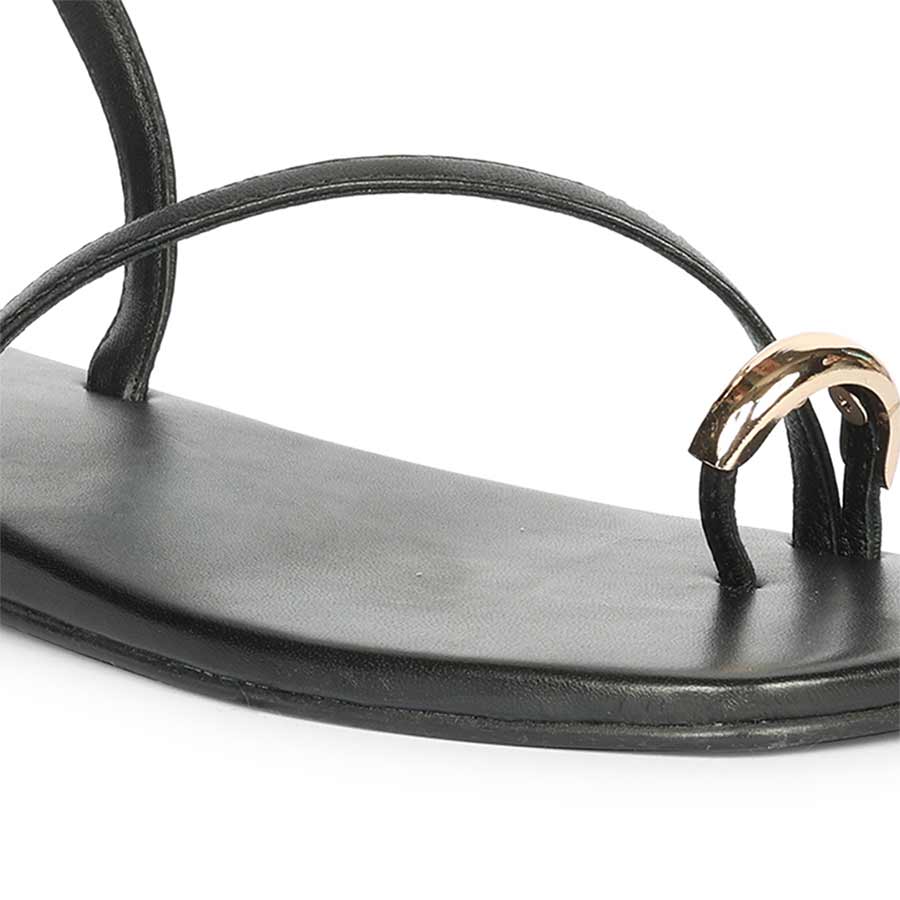 Saint Zinovia Gold-Trim Black Leather Sandals