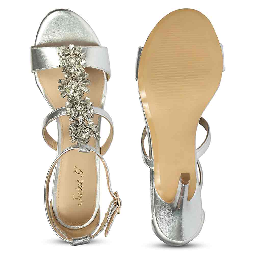 Saint Sydney Crystal Stone Metallic Silver Leather Stilettos
