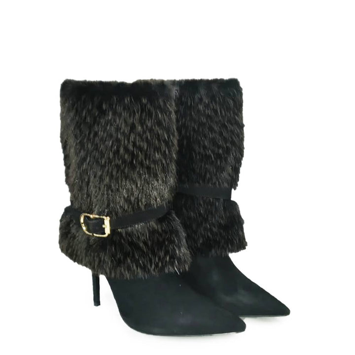 Saint Fur Cuff Black Leather Ankle Boots
