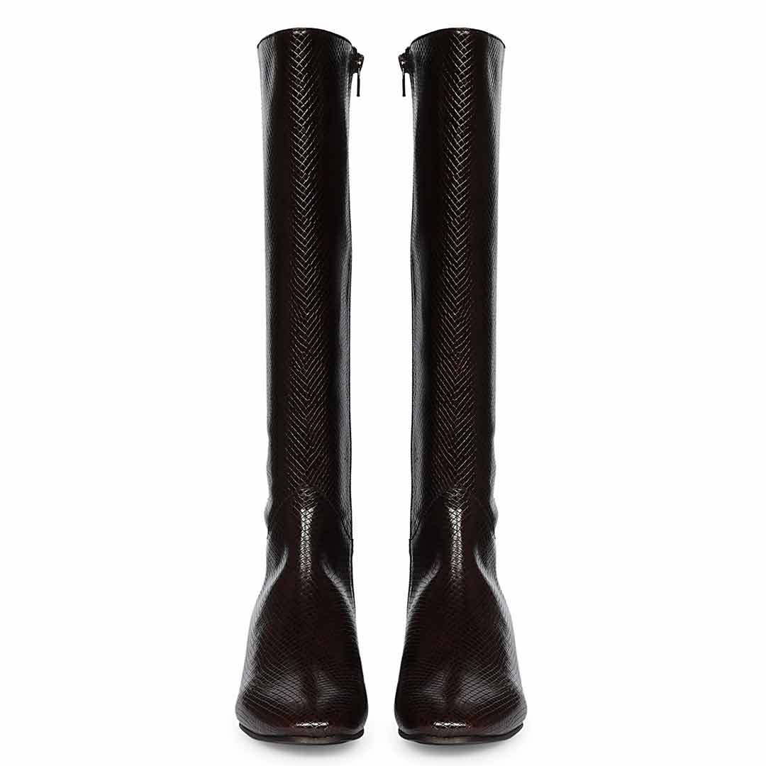 Saint Ivyanna Brown Snake-Embossed Knee High Boots
