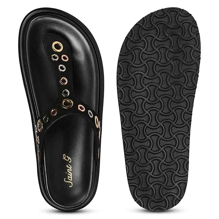 Saint Raelyn Eyelet Black Leather Footbed Sandals