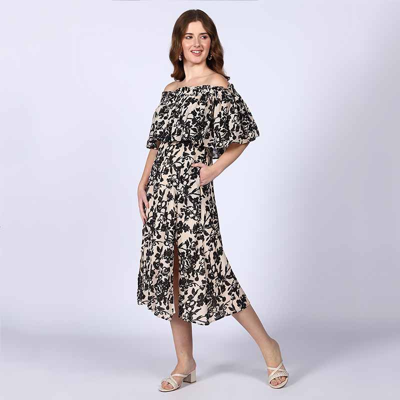 Saint Quinn Black Floral off Shoulder Midi Dress