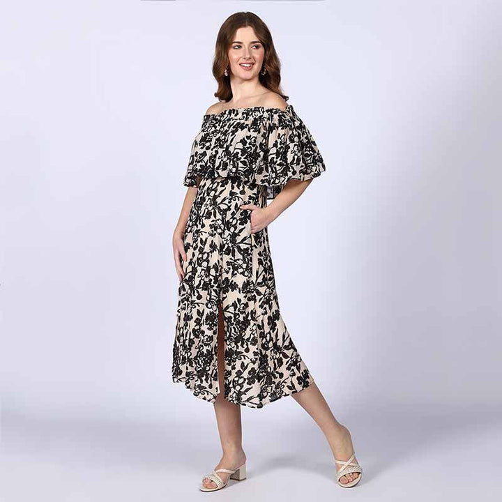 Saint Quinn Black Floral off Shoulder Midi Dress