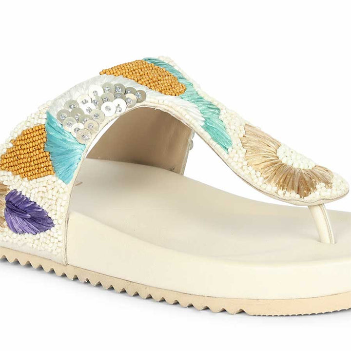 Saint Zaria Embroidered Off-White Leather Thong Footbed