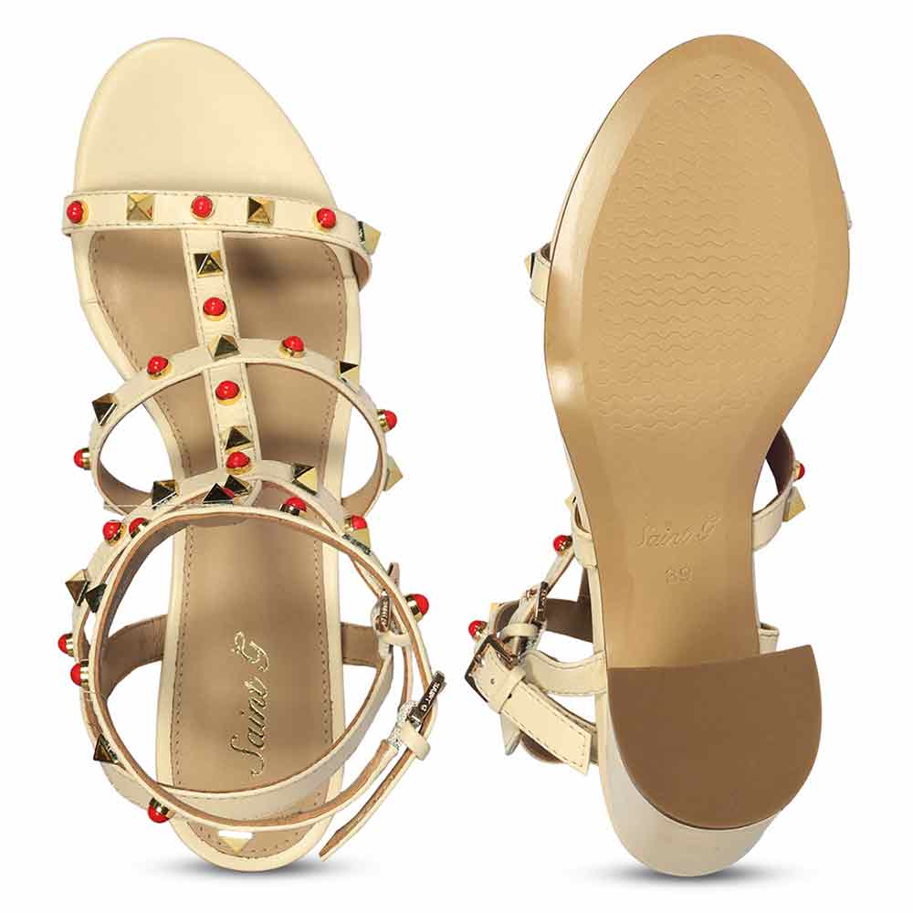 Saint Lorien Off-White Leather Studded Block Heels