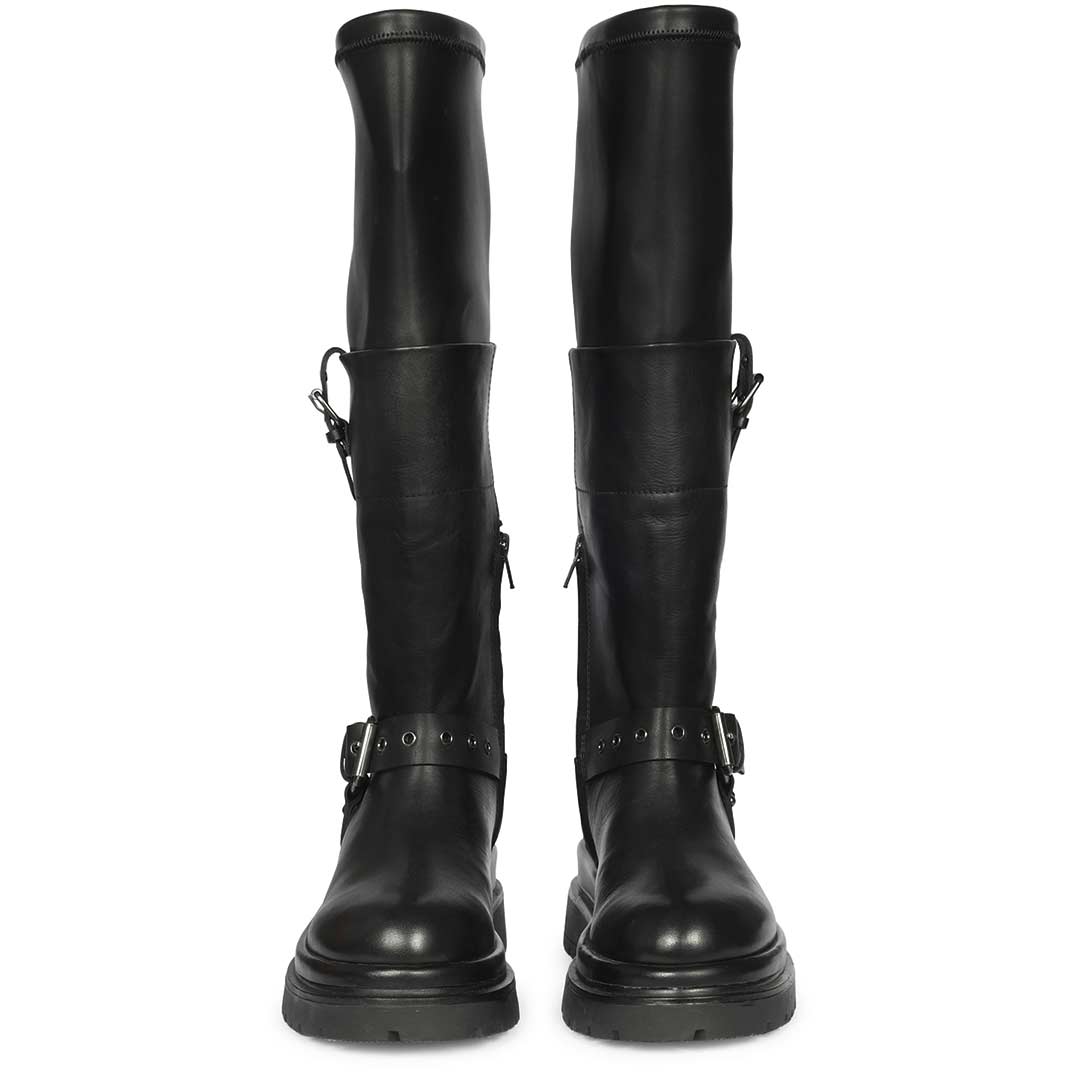 Saint Cora Fold-Over Cuff Black Leather Long Boots
