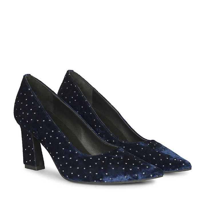 Saint Eleonore Navy Velvet Strass block Heel Pumps