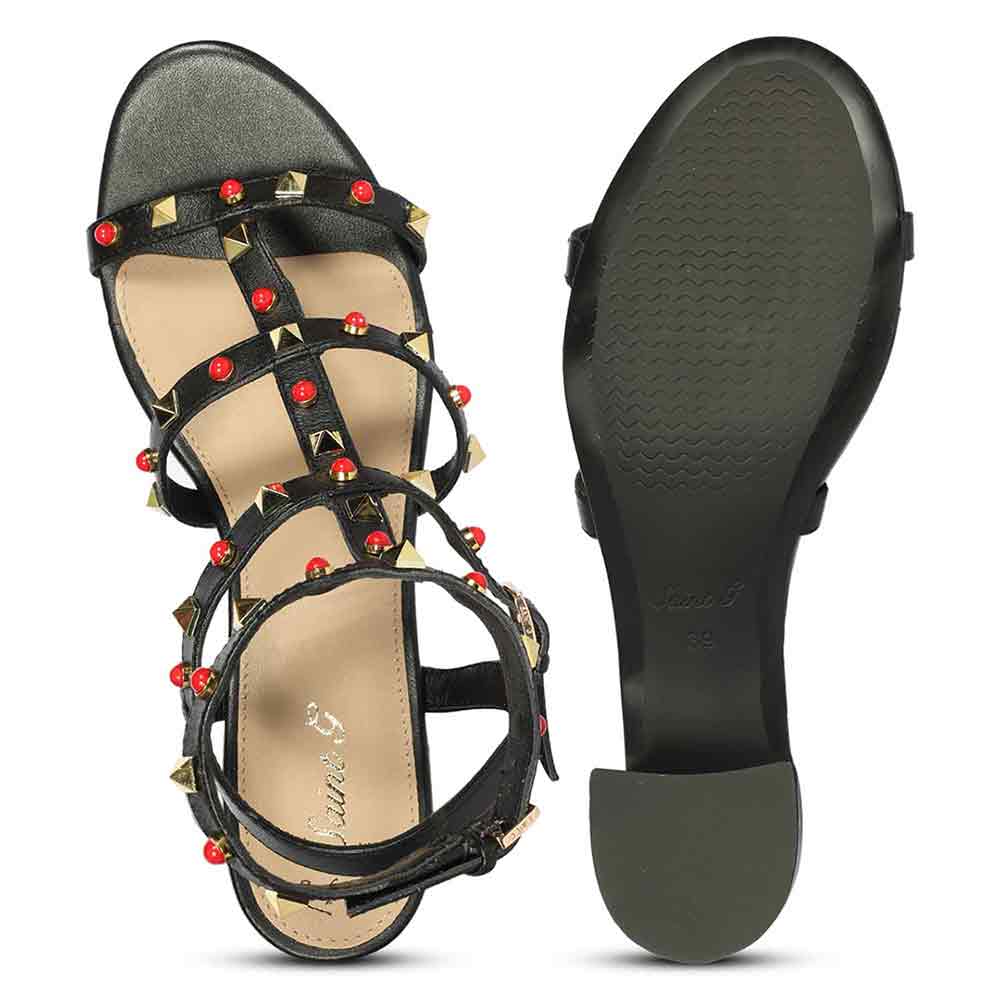 Saint Lucien Black Leather Studded Gladiator Block Heels