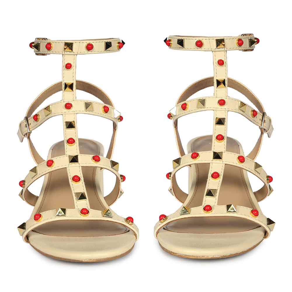 Saint Lucien Off White Leather Studded Gladiator Block Heels