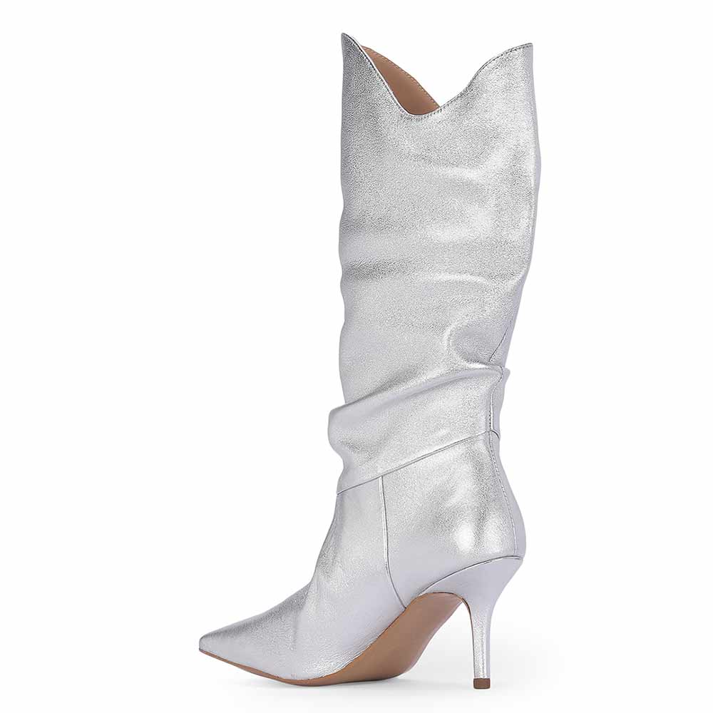 Saint Nayeli Silver Metallic Leather Calf Length Slouch Boots