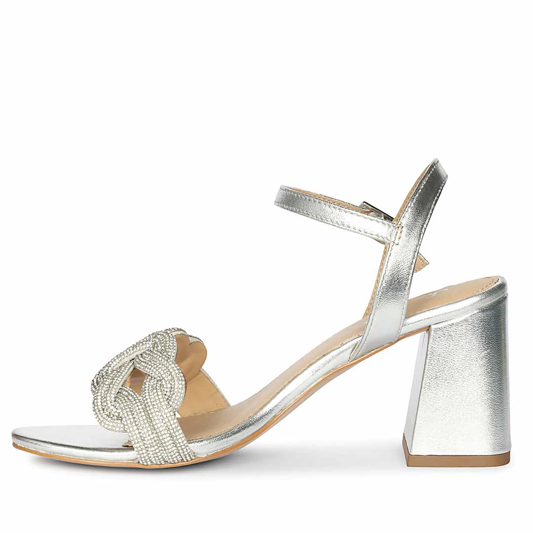 Saint Celeste Knot Embellished Silver Metallic Leather Heels