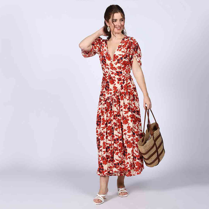 Saint Giselle Ivory Red Deep V-Neck Viscose Dress