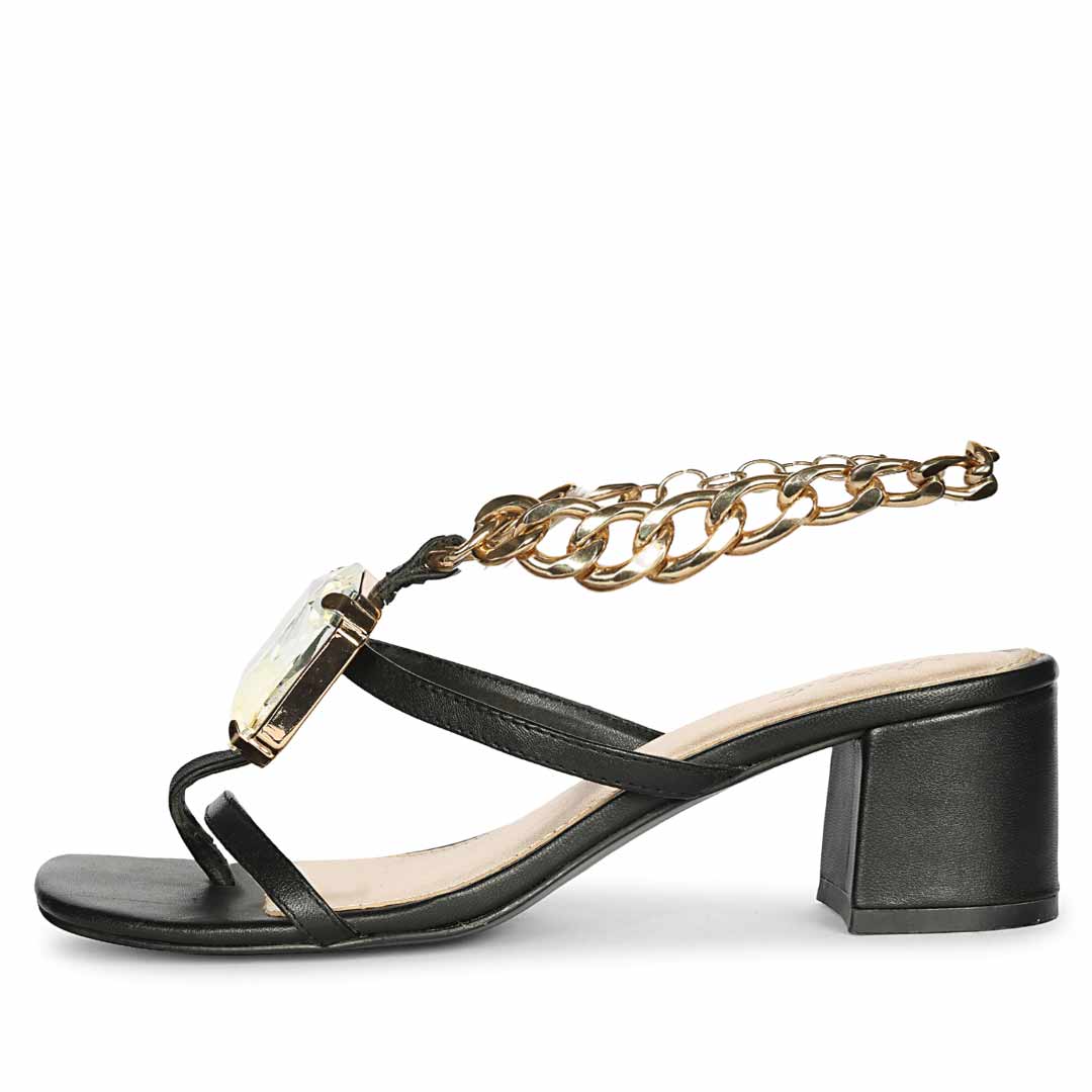 Saint Gaelle Black Leather Crystal Chain Block Heels