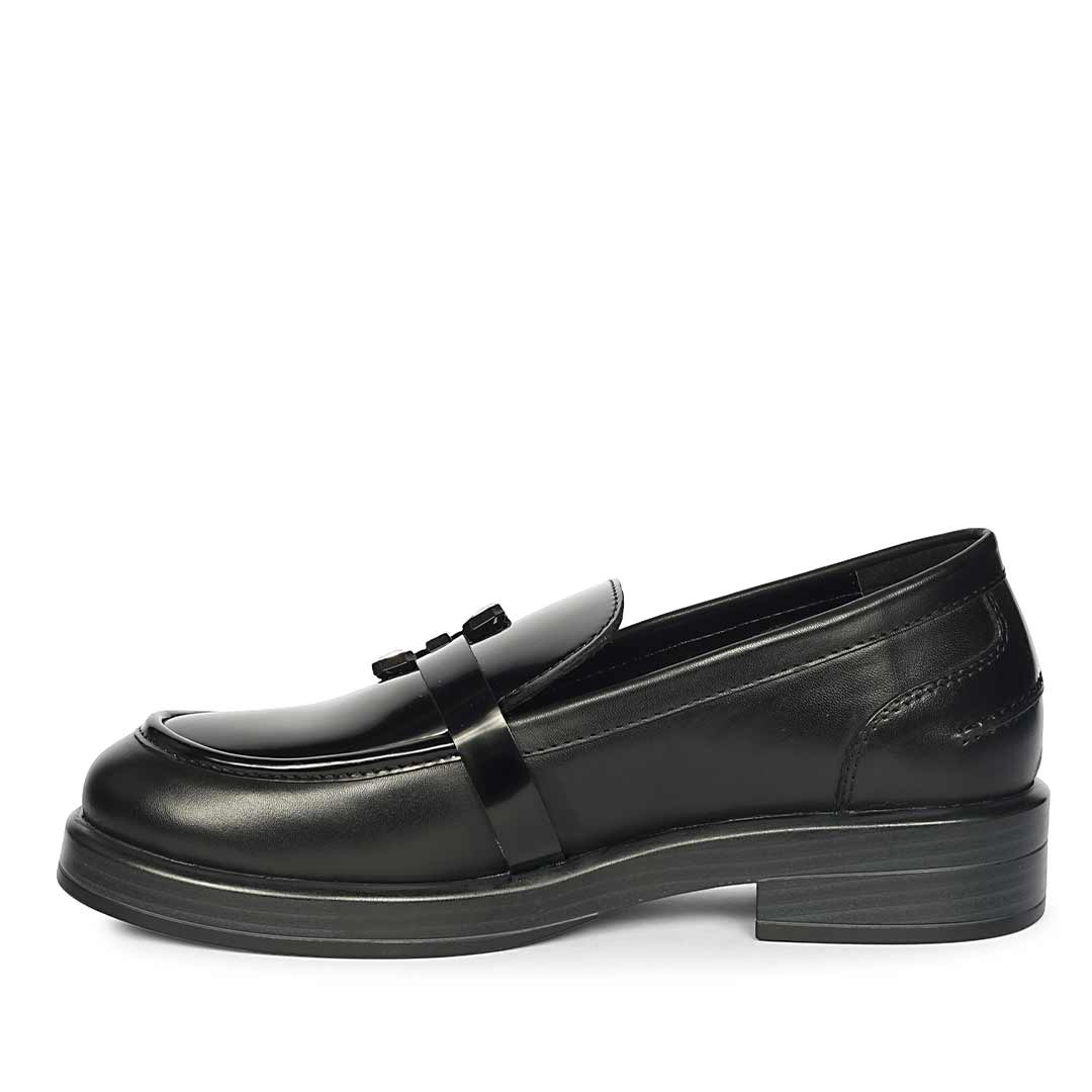 Saint Rue Crystal Buckle Black Abrasivato Leather Moccasins