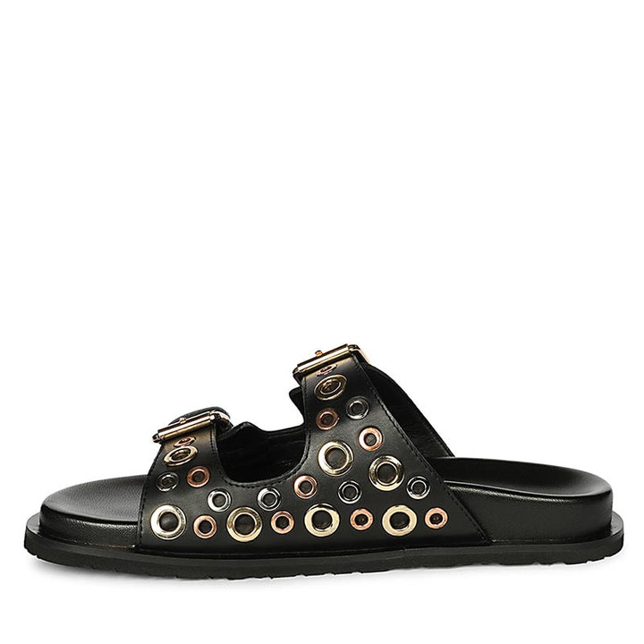 Saint Grethe Eyelets Black Leather Footbed Sandals