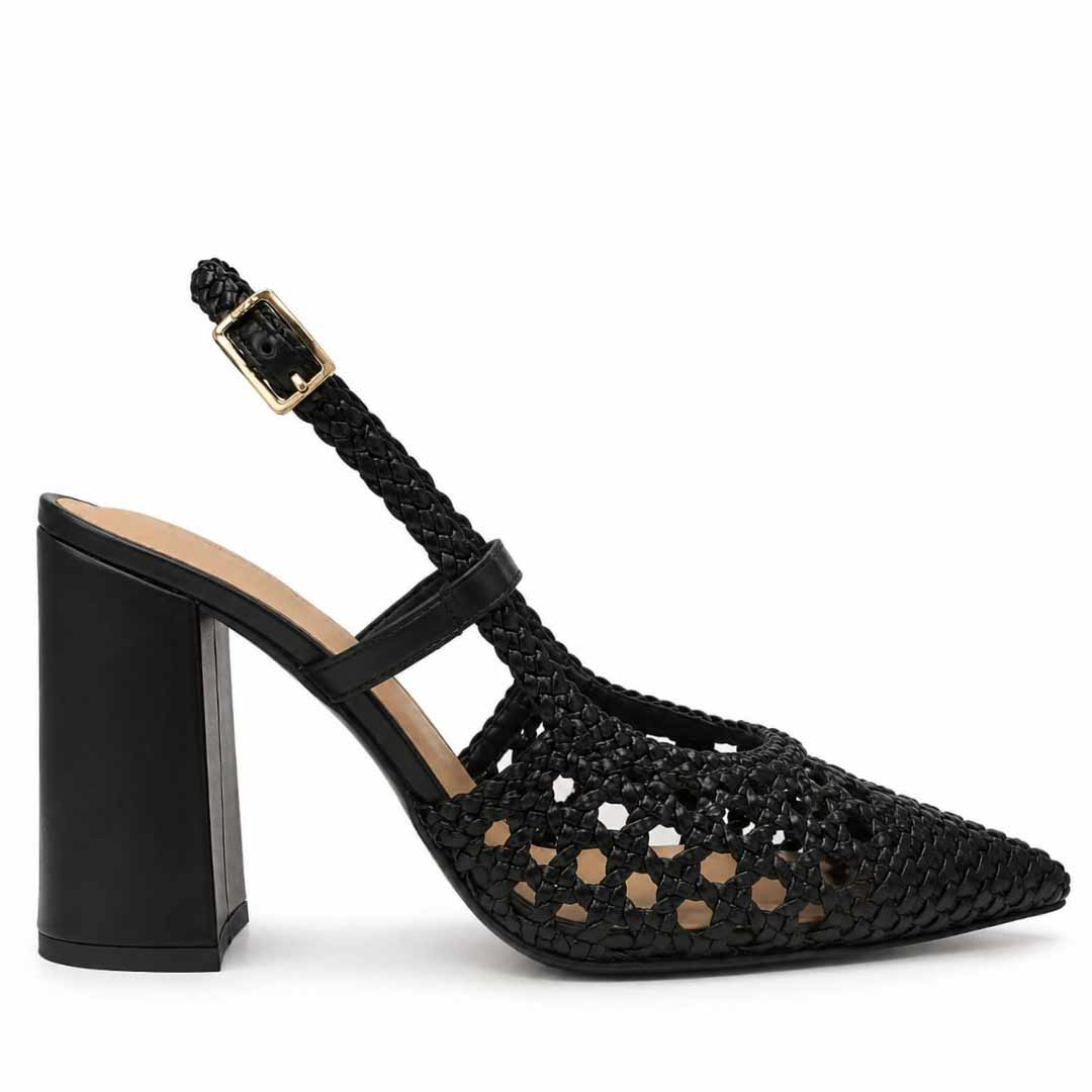 Saint Black Woven Leather Block Heels