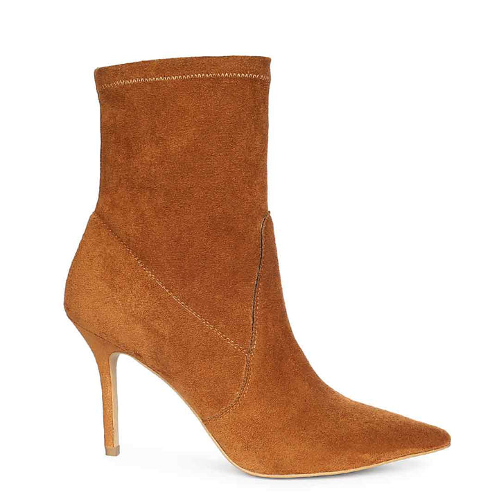 Saint Jaime Stretch Tan Suede Stiletto Heel Ankle Boots