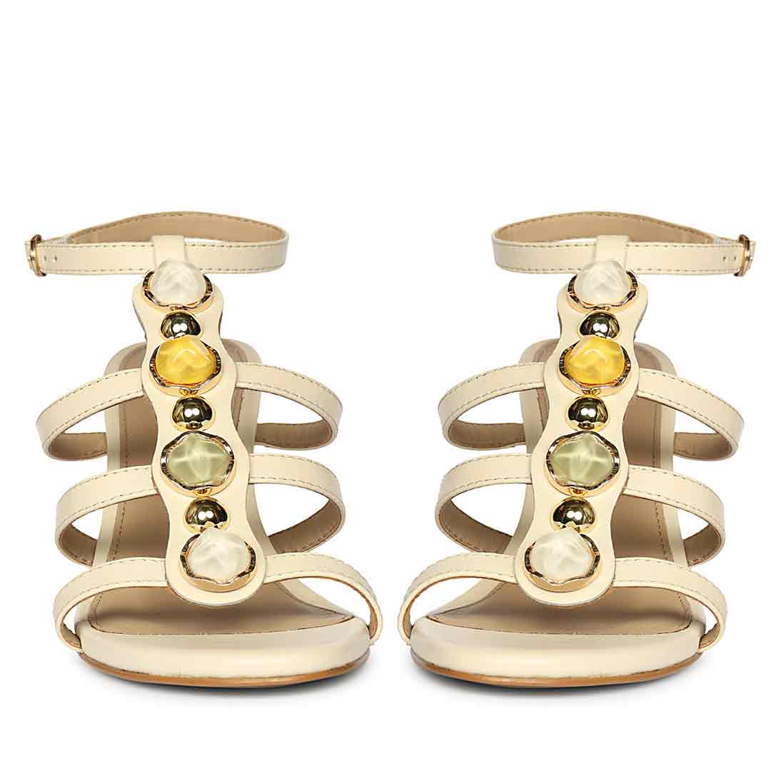 Saint Xiomara Gem T-Strap Off White Leather Stilettos