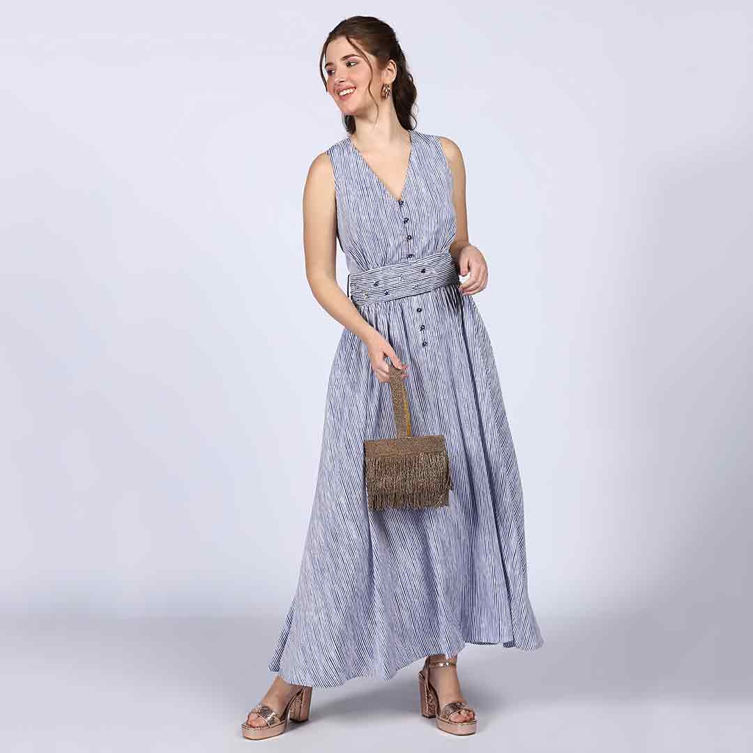 Saint Isabelle Blue Cotton Striped Maxi Dress