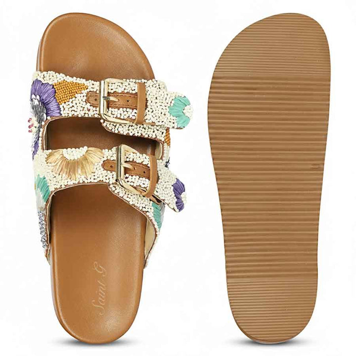Saint Clio Hand-Embroidered Tan Leather Footbed Sandals
