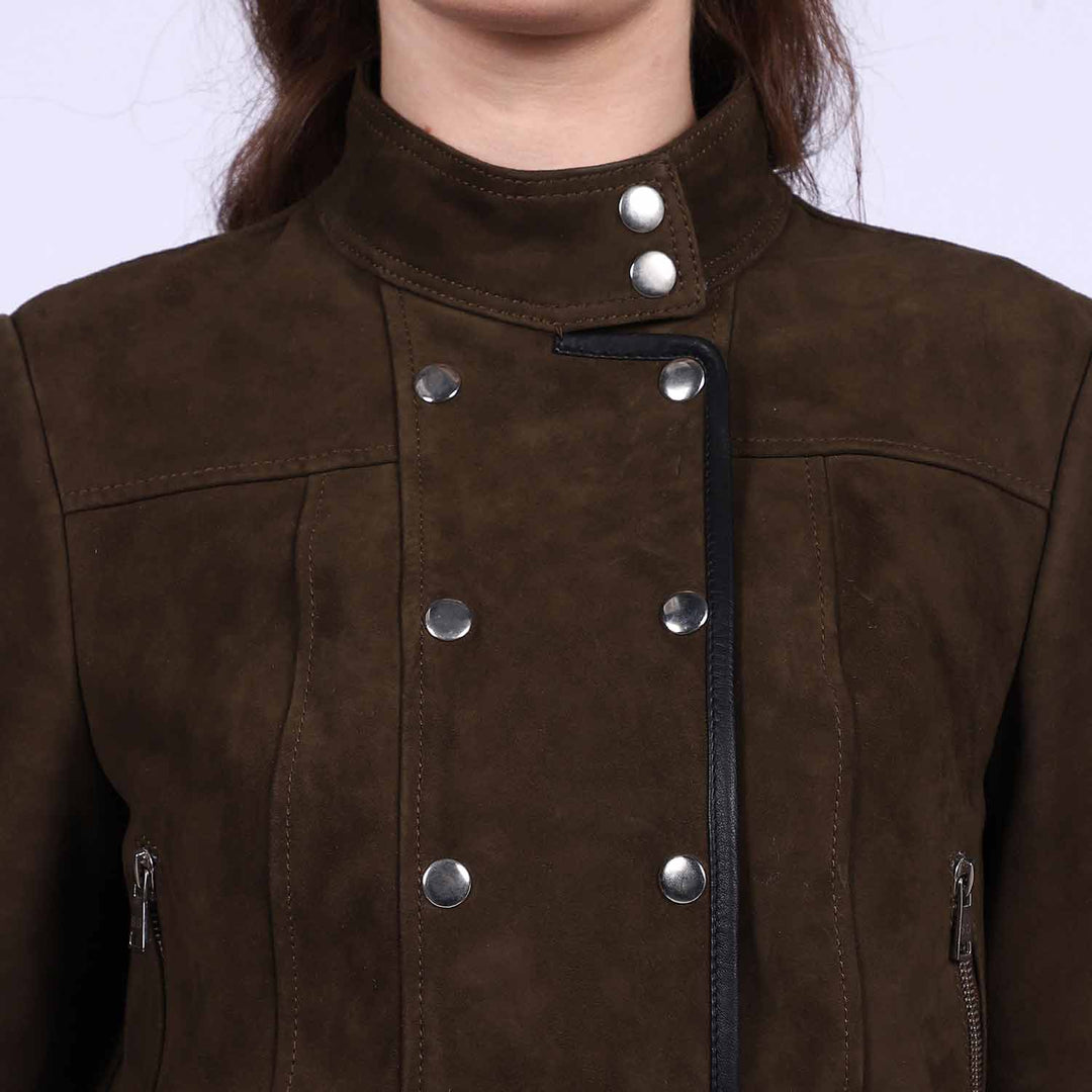 Saint Alora Olive Suede Leather Women Collar Jackets