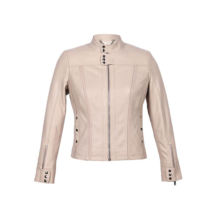 Beige black motorcycle cafe racer jacket women