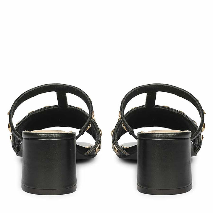 Saint Zafira Pyramid Stud Raffia Black Leather Block Heels