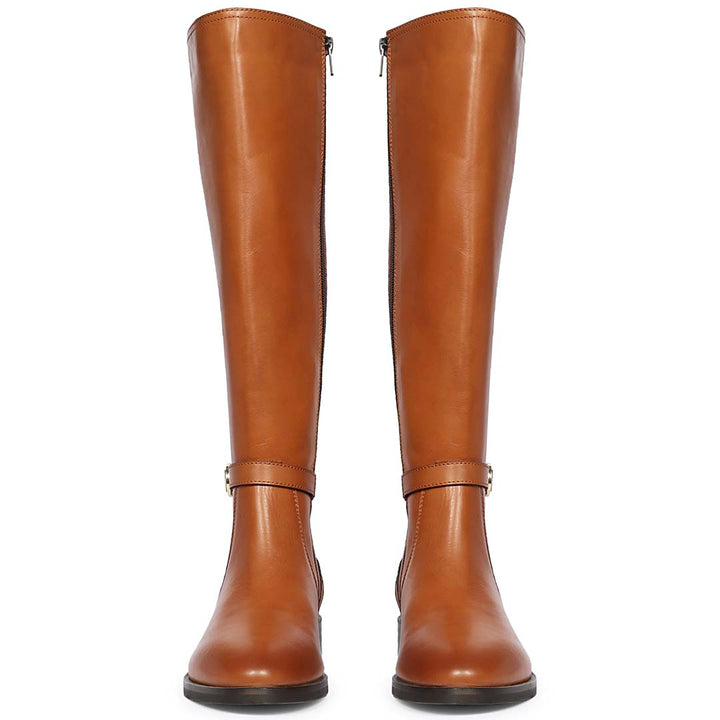 Saint Darla Dual Gold Buckle Accents Tan Leather Long Boots