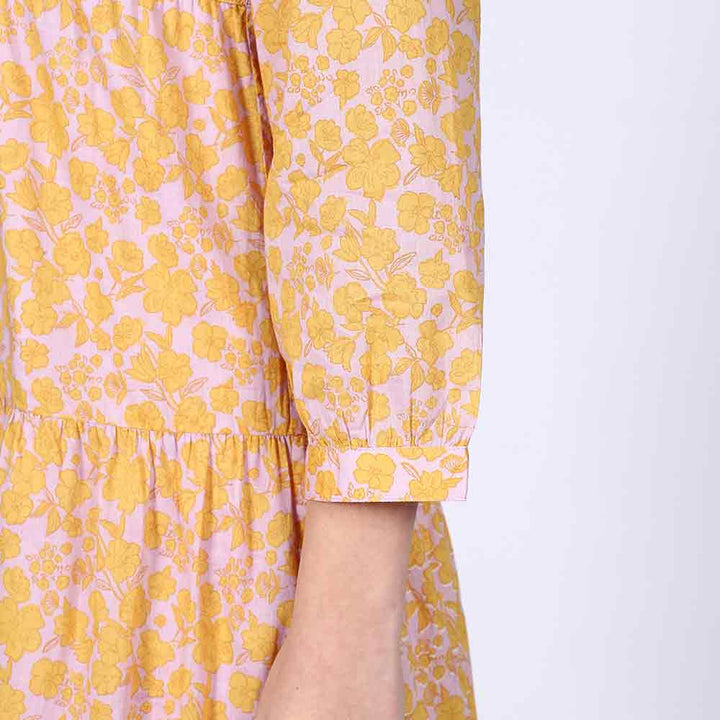 Saint Valentina Yellow Multicolour Tiered Cotton Maxi Dress