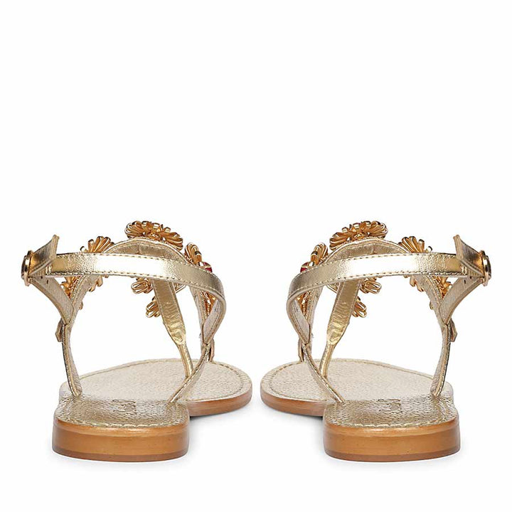 Saint Freesia Red Flower Gold Leather Sandals