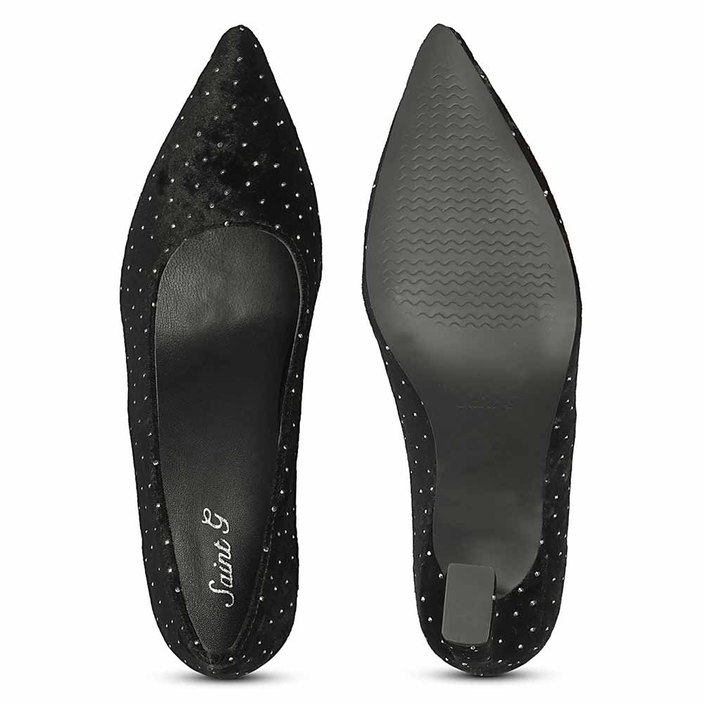 Saint Eleonore Black Velvet Strass block Heel Pumps