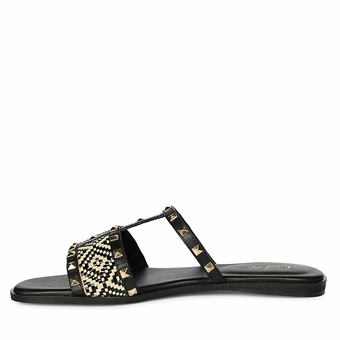 Saint Nylah Raffia & Pyramid Stud Black Leather Slide