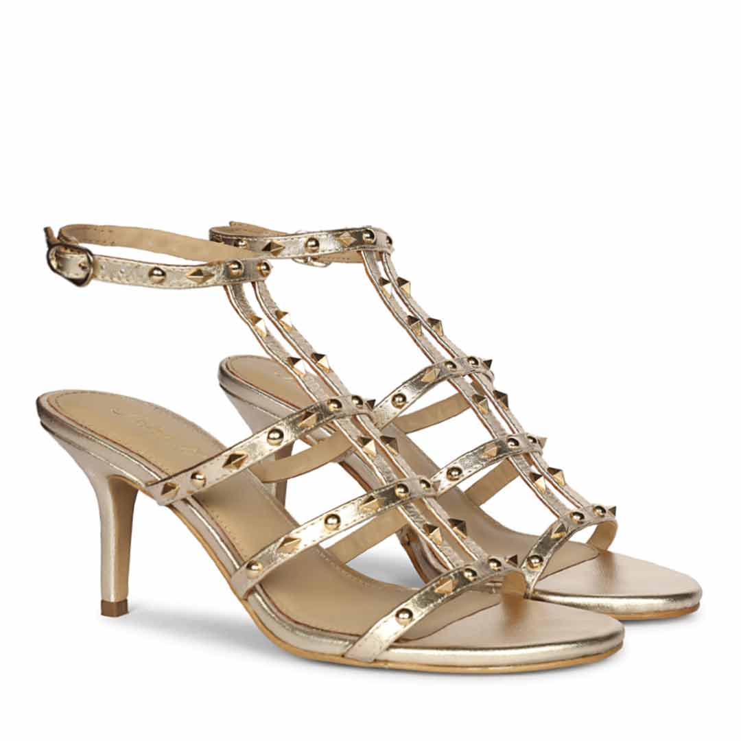 Saint Quenel Metallic Gold Leather Studded Stilettos
