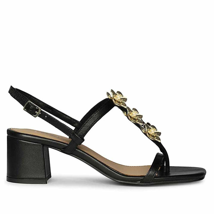Saint Dorian Gold Floral Embellished Leather Block Heels