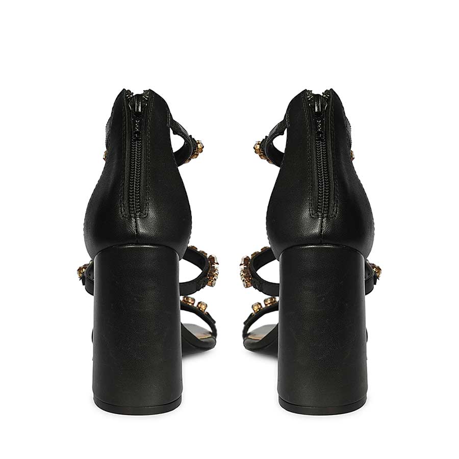 Saint Holly Crystal Stone Black Leather Block Heels
