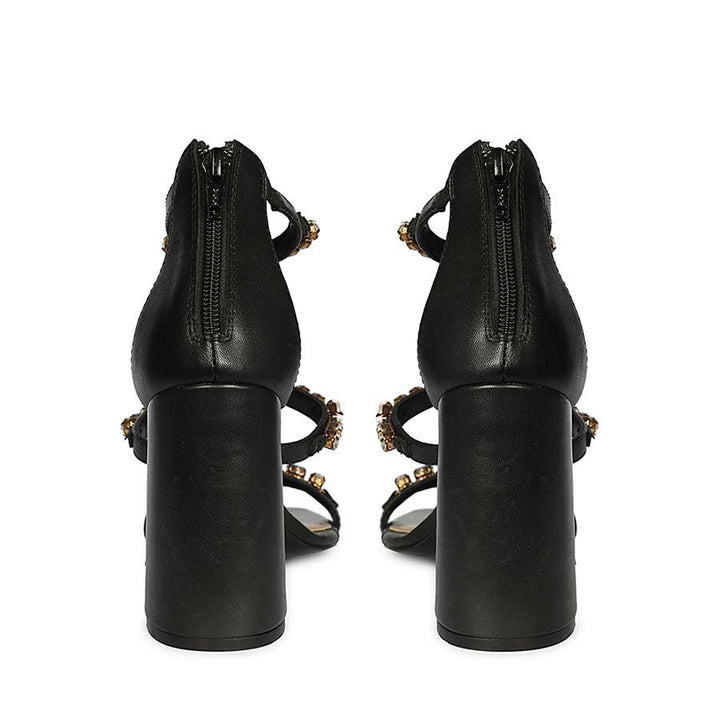 Saint Holly Crystal Stone Black Leather Block Heels